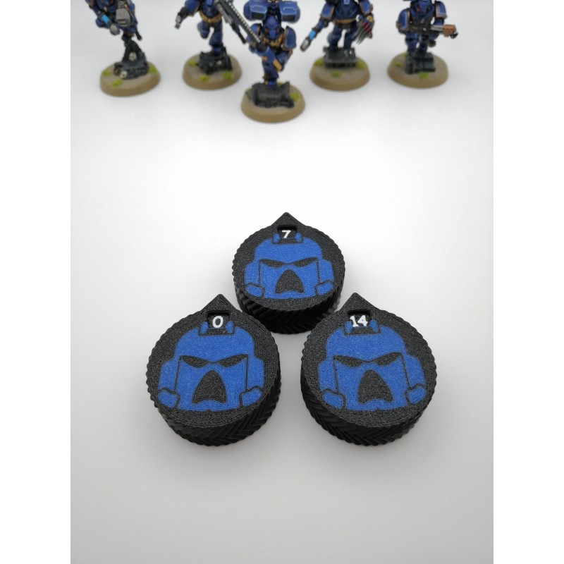 3 Mini-Zähler (0 bis 14 Leben/Verletzungen), kompatibel mit dem Warhammer Space Marine-Helm