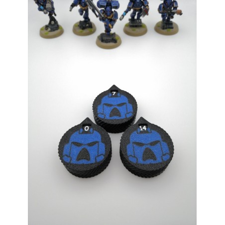 3 mini counters (0–14 lives/wounds) compatible with Warhammer Space Marine helmets
