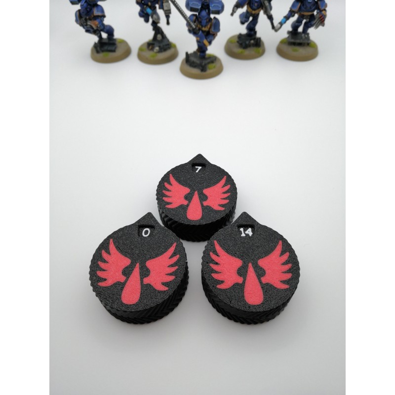 3 mini counters (0–14 lives/wounds), compatible with Warhammer Blood Angels