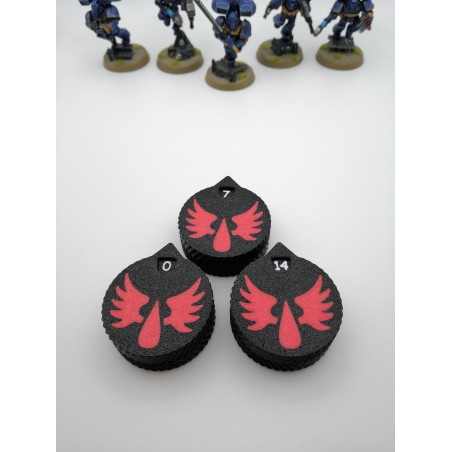 3 Mini-Zähler (0 bis 14 Leben/Verletzungen), kompatibel mit Warhammer Blood Angels