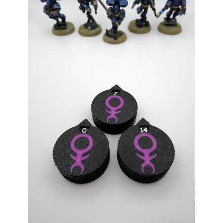 3 mini counters (0–14 lives/wounds), compatible with Warhammer Slaneesh