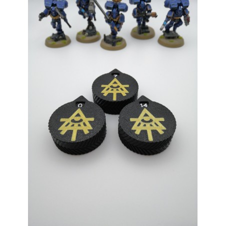 3 mini counters (0–14 lives/wounds), compatible with Warhammer Aeldari