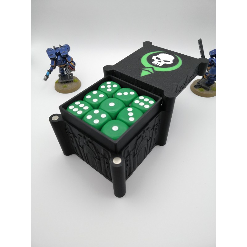 Caja para guardar 27 dados – Compatible con juegos de guerra tipo Warhammer – Inspirada en los Necrones