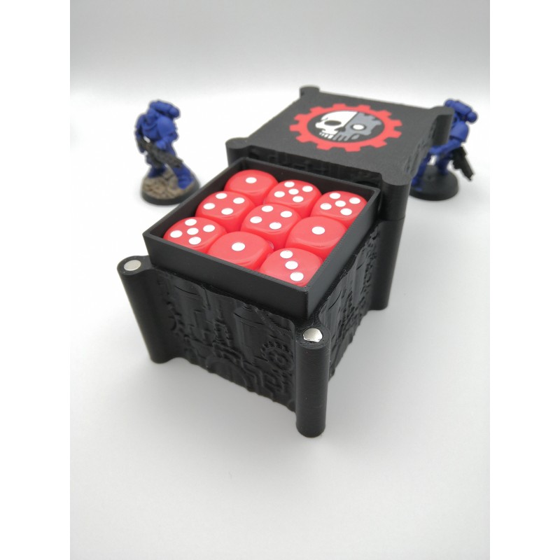 Storage box for 27 dice – Compatible with Warhammer-style wargames – inspired by the Adeptus Mechanicus