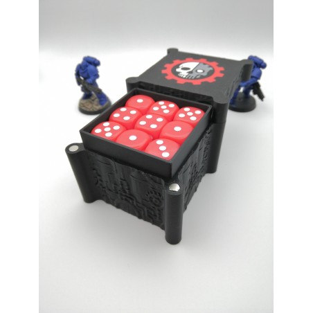 Opbergdoos voor 27 dobbelstenen – Geschikt voor wargames zoals Warhammer – geïnspireerd op Adeptus Mechanicus