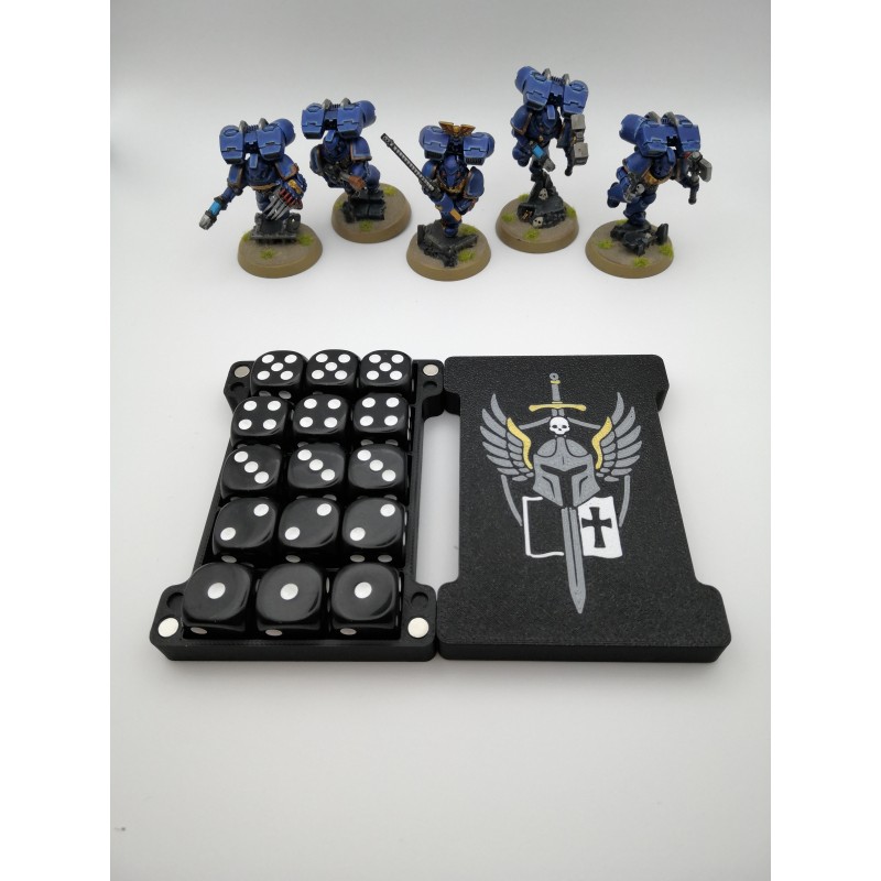 Storage box for 15 dice – Compatible with Warhammer-style wargames – Grey Knight-inspired