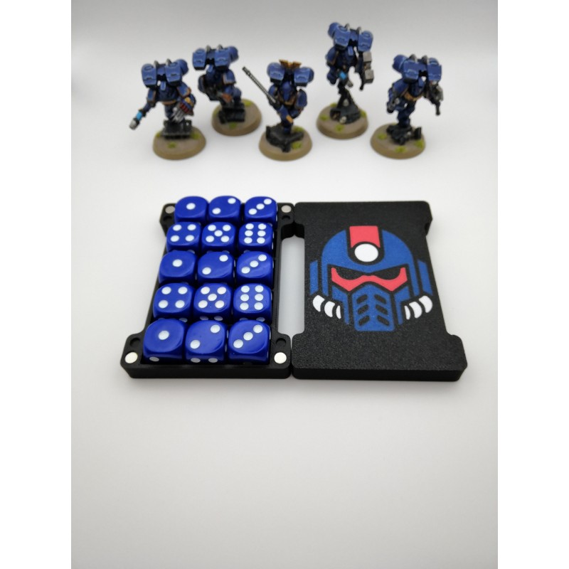 Aufbewahrungsbox für 15 Würfel – Kompatibel mit Wargames wie Warhammer – im Space-Marine-Stil