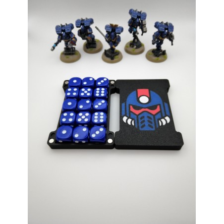 Aufbewahrungsbox für 15 Würfel – Kompatibel mit Wargames wie Warhammer – im Space-Marine-Stil