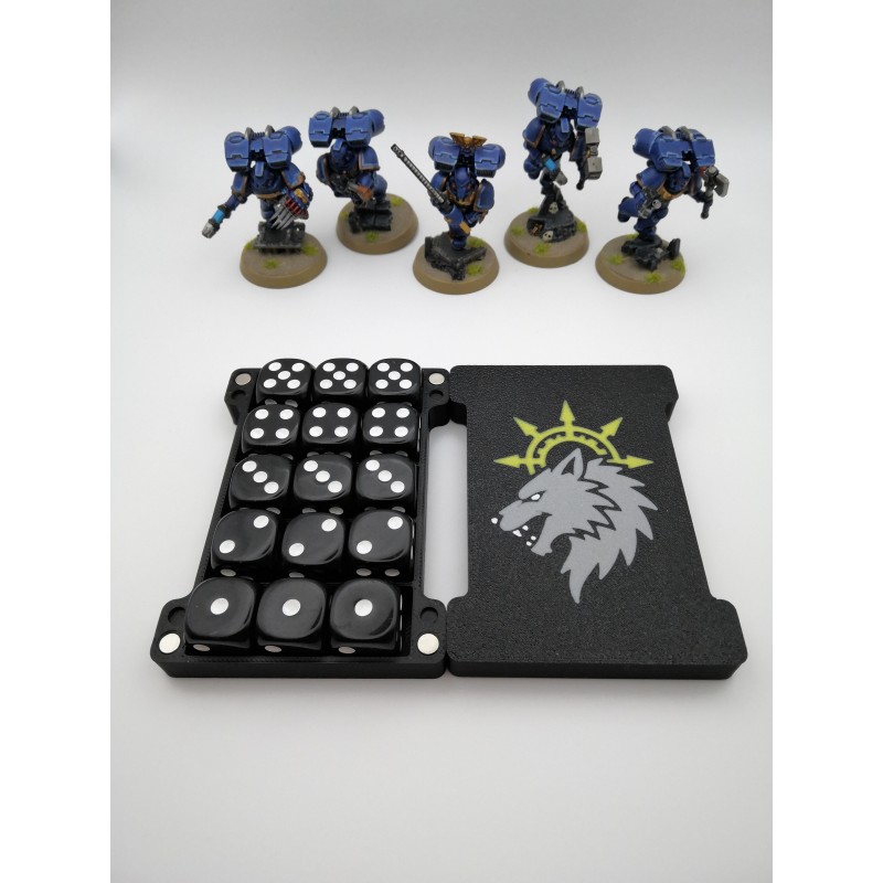Aufbewahrungsbox für 15 Würfel – Kompatibel mit Wargames wie Warhammer – inspiriert von den Space Wolves