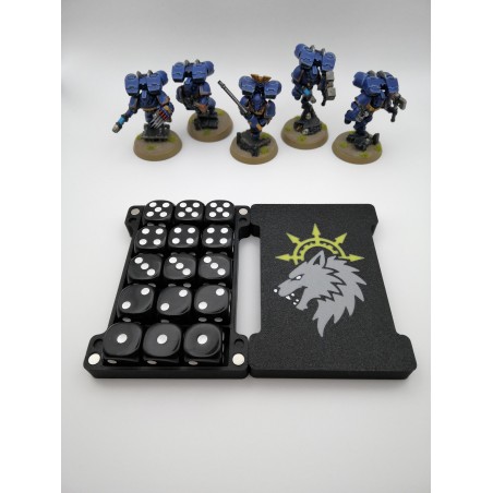 Opbergdoos voor 15 dobbelstenen – Geschikt voor wargames zoals Warhammer – geïnspireerd op de Space Wolves