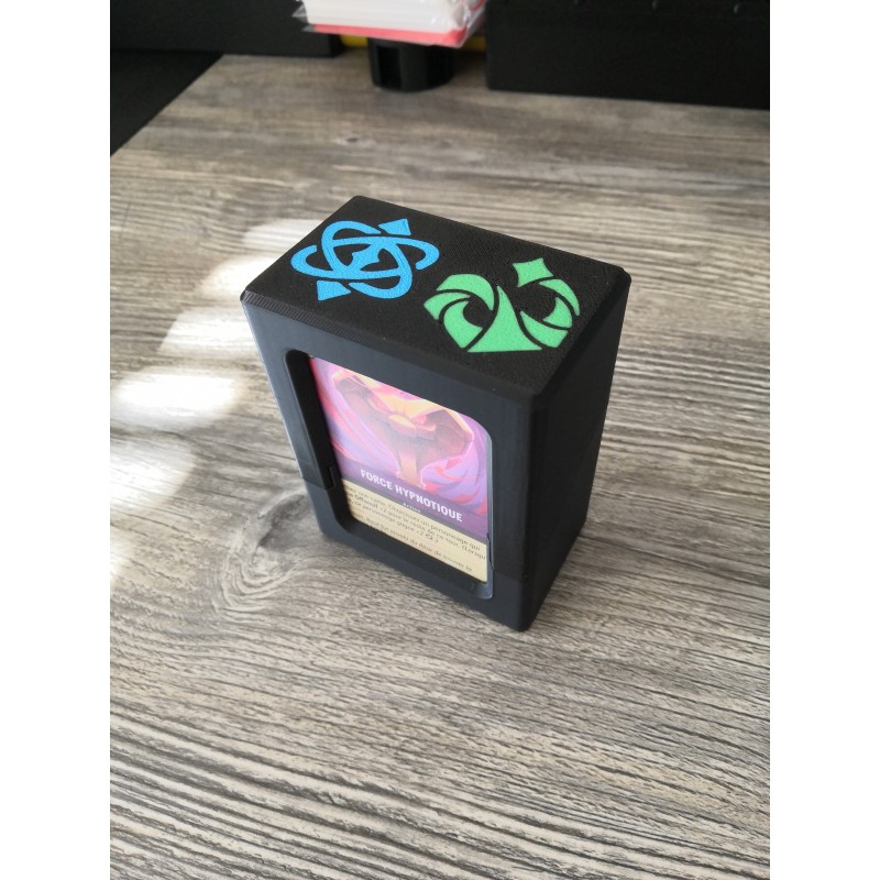 Caja para cartas +60 cartas protegidas con fundas con el logotipo de Saphir Emeraude - Lorcana TCG