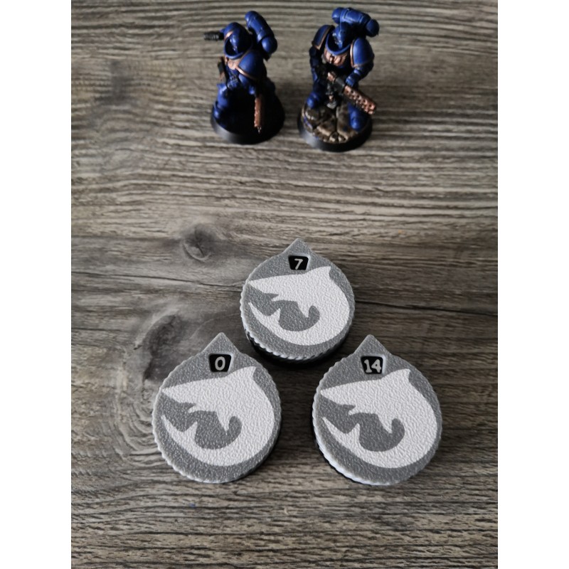 3 mini counters (0–14 lives/wounds), compatible with Warhammer Carcharodon