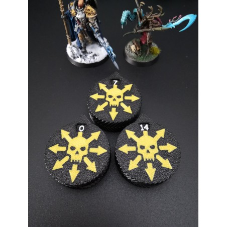 3 mini counters (0–14 lives/wounds), compatible with Warhammer Skull Chaos
