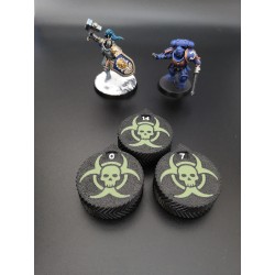 3 mini counters (0–14 lives/injuries), compatible with Warhammer Biohazard