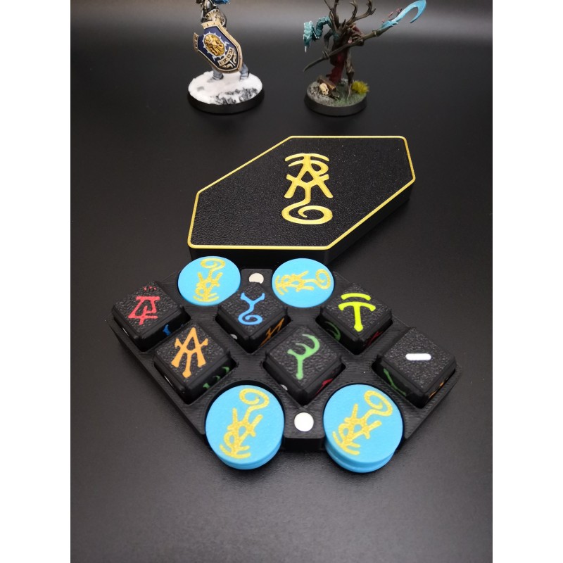 Scatola con 6 rune e 12 segnalini compatibile con Warhammer Lumineth Age of Sigmar