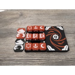 Doos met 9 x 20 mm D6-dobbelstenen + 2 paar helden / metgezellenfiches - Axiom-versie - Altered TCG