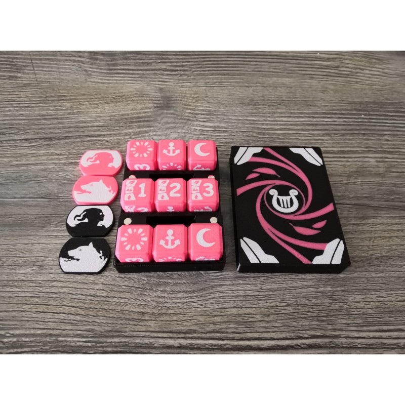 Caja de 9 dados D6 de 20 mm + 2 pares de fichas de héroe / compañero - Versión Lyra - Altered TCG