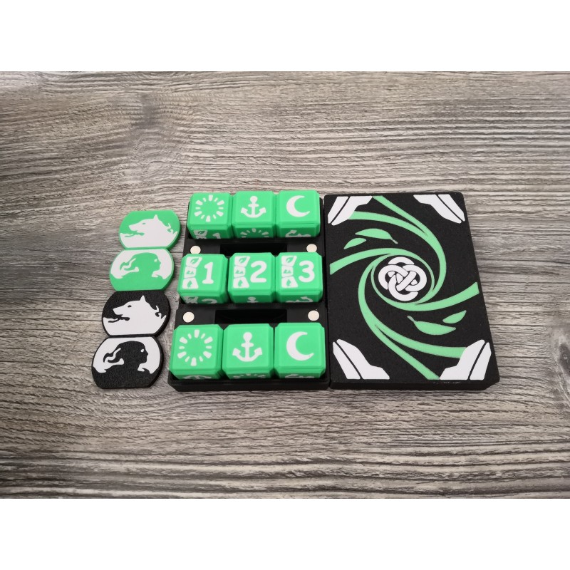 Caja de 9 dados D6 de 20 mm + 2 pares de fichas de héroe / compañero - Versión Muna - Altered TCG