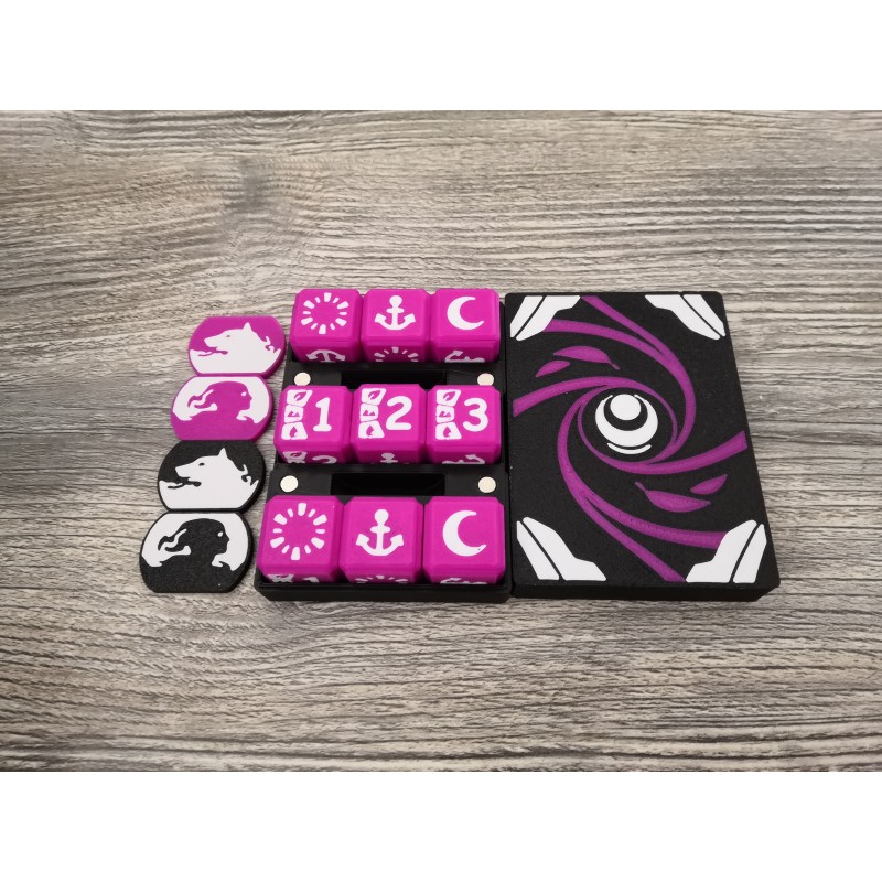 Box mit 9 20 mm D6-Würfeln + 2 Paar Hero-/ Begleitermarken - Yzmir-Version - Altered TCG