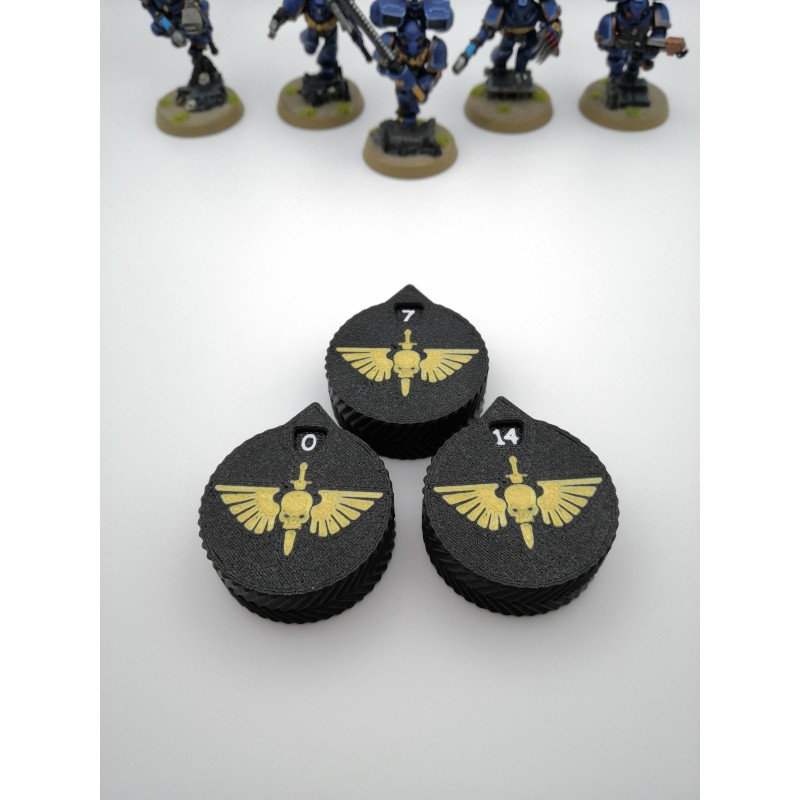 3 minicontadores de 0 a 14 vidas/heridas, compatibles con Warhammer Space Marine