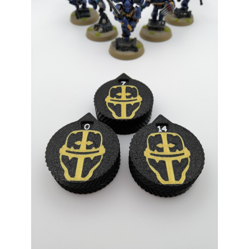 3 mini counters (0–14 lives/wounds), compatible with Warhammer Imperial Knight